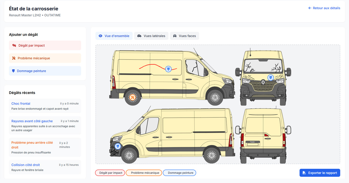 Interface de tableau de bord moderne montrant le système de gestion de flotte avec suivi des véhicules et statut d'entretien, design sombre professionnel